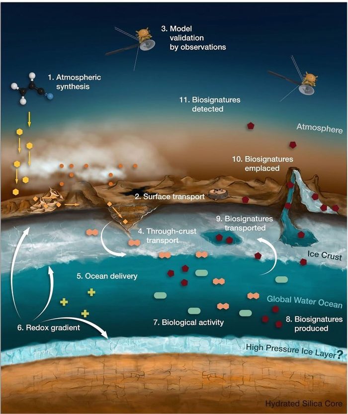 The biosignature pathway for an icy moon — synthesis, subsurface ocean, plume, detection. The whole case for going and looking, on one diagram.