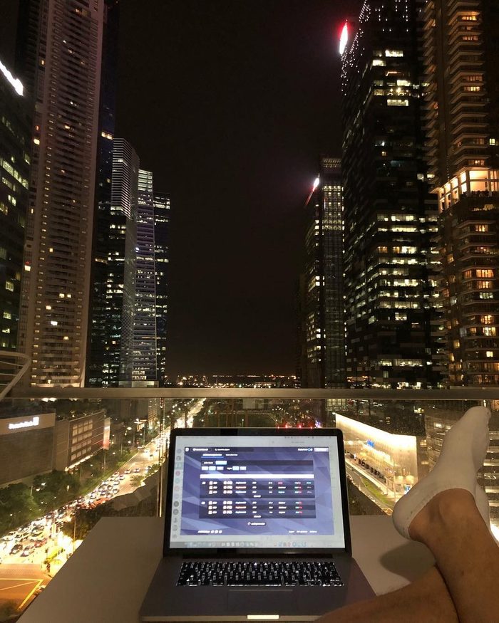Building the marketplace from a balcony in Singapore, 2018.