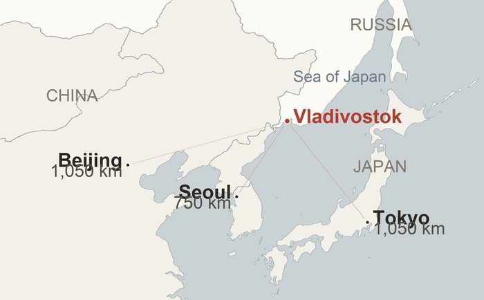 Seoul is 740 km away, Tokyo 1,060, Beijing 1,340. Moscow is 6,400 — and seven time zones west.