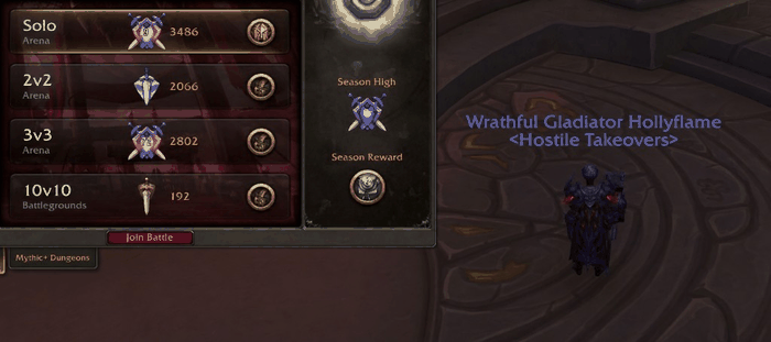The title, sixteen years later, on a character still playing: Wrathful Gladiator is Arena Season 8, 2010, and cannot be obtained today. The ratings beside it are current-season, which is the part I did not expect to still be true — 3486 in Solo Shuffle sits above the season's Legend cutoff for the spec, around 3216 on the day this was checked.